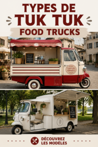 Food truck tuk tuk coloré, parc rempli de visiteurs qui dégustent des plats variés