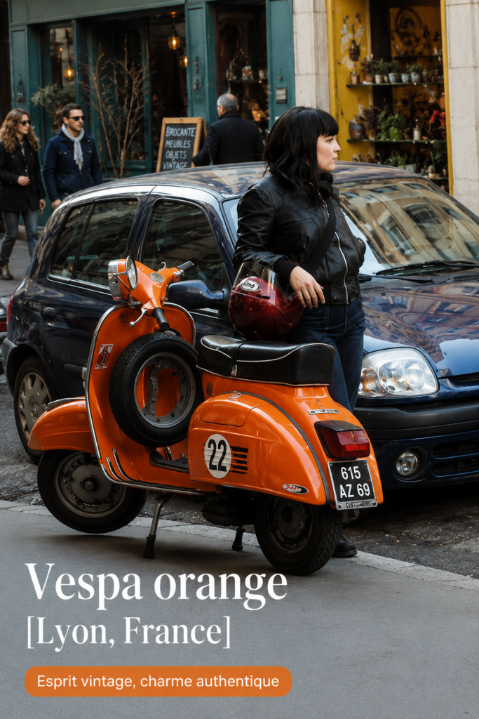 Vespa orange garée à Lyon, un scooter élégant et stylé