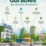 Une vue panoramique d'une ville durable montrant des espaces verts et des infrastructures écologiques.