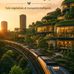 Une vue d'une ville innovante avec des toits verts luxuriants et des transports intelligents