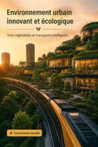 Une vue d'une ville innovante avec des toits verts luxuriants et des transports intelligents