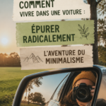 Un intérieur de voiture aménagé pour la vie nomade avec des espaces de rangement optimisés.