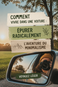 Un intérieur de voiture aménagé pour la vie nomade avec des espaces de rangement optimisés.