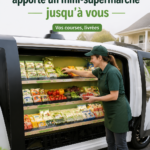 Voiture autonome livrant des courses à domicile sur une route urbaine