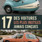 Un collage d'images de voitures considérées comme inutiles, illustrant leur excentricité.