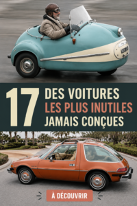 Un collage d'images de voitures considérées comme inutiles, illustrant leur excentricité.