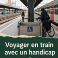 Femme en fauteuil roulant attendant son train avec un sourire