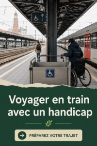 Femme en fauteuil roulant attendant son train avec un sourire
