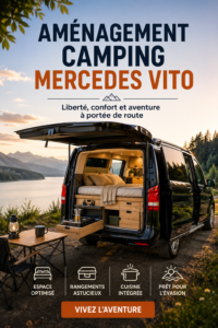 Aménagement intérieur d'un camping dans une Mercedes Vito, avec un lit et une cuisine