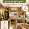 Intérieur d'un petit camping-car bien aménagé avec meubles pratiques et décoration chaleureuse.