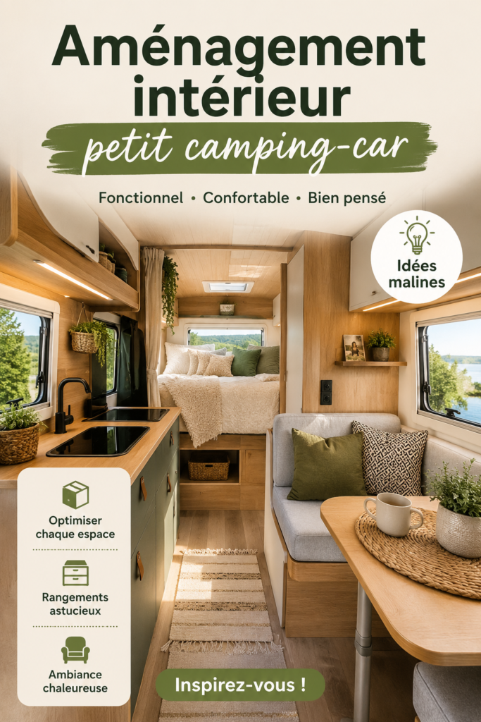 Intérieur d'un petit camping-car bien aménagé avec meubles pratiques et décoration chaleureuse.