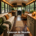 Skoolie aménagé avec des finitions neutres et chaleureuses, offrant un espace cosy et accueillant.