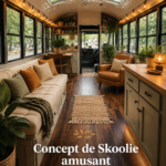 Skoolie aménagé avec des finitions neutres et chaleureuses, offrant un espace cosy et accueillant.
