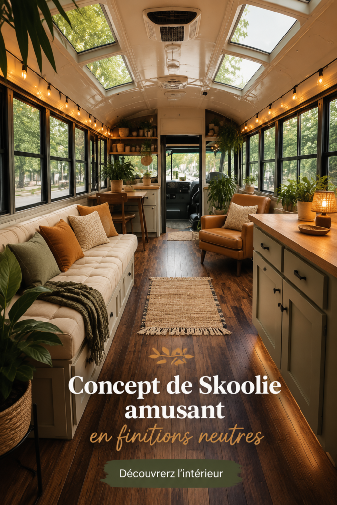 Skoolie aménagé avec des finitions neutres et chaleureuses, offrant un espace cosy et accueillant.