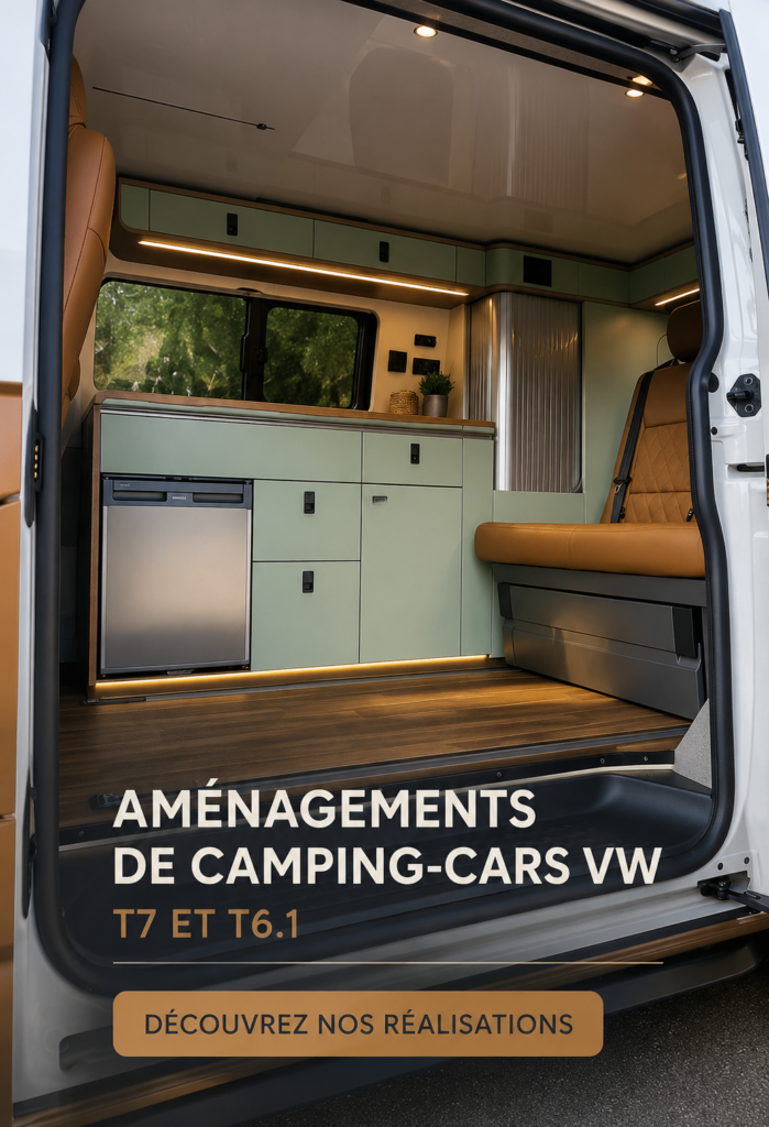 Un VW aménagé en van confortable, prêt pour l'aventure.