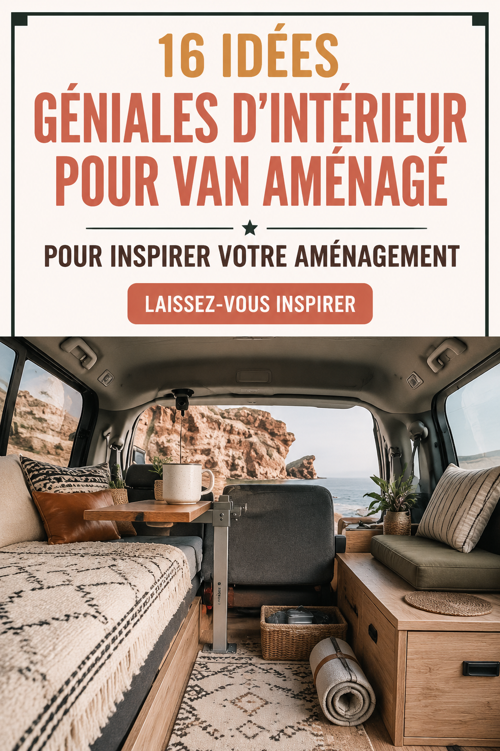 Un intérieur de minivan aménagé pour le confort avec des éléments pratiques et chaleureux.
