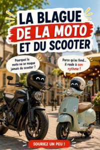 Une moto et un scooter amusants avec des accessoires humoristiques.
