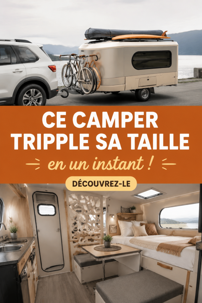 Un camper pod ouvert montrant un espace de vie cosy et bien agencé.