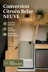 Un Citroën Relay moderne aménagé pour le camping avec une douche Tadelakt.