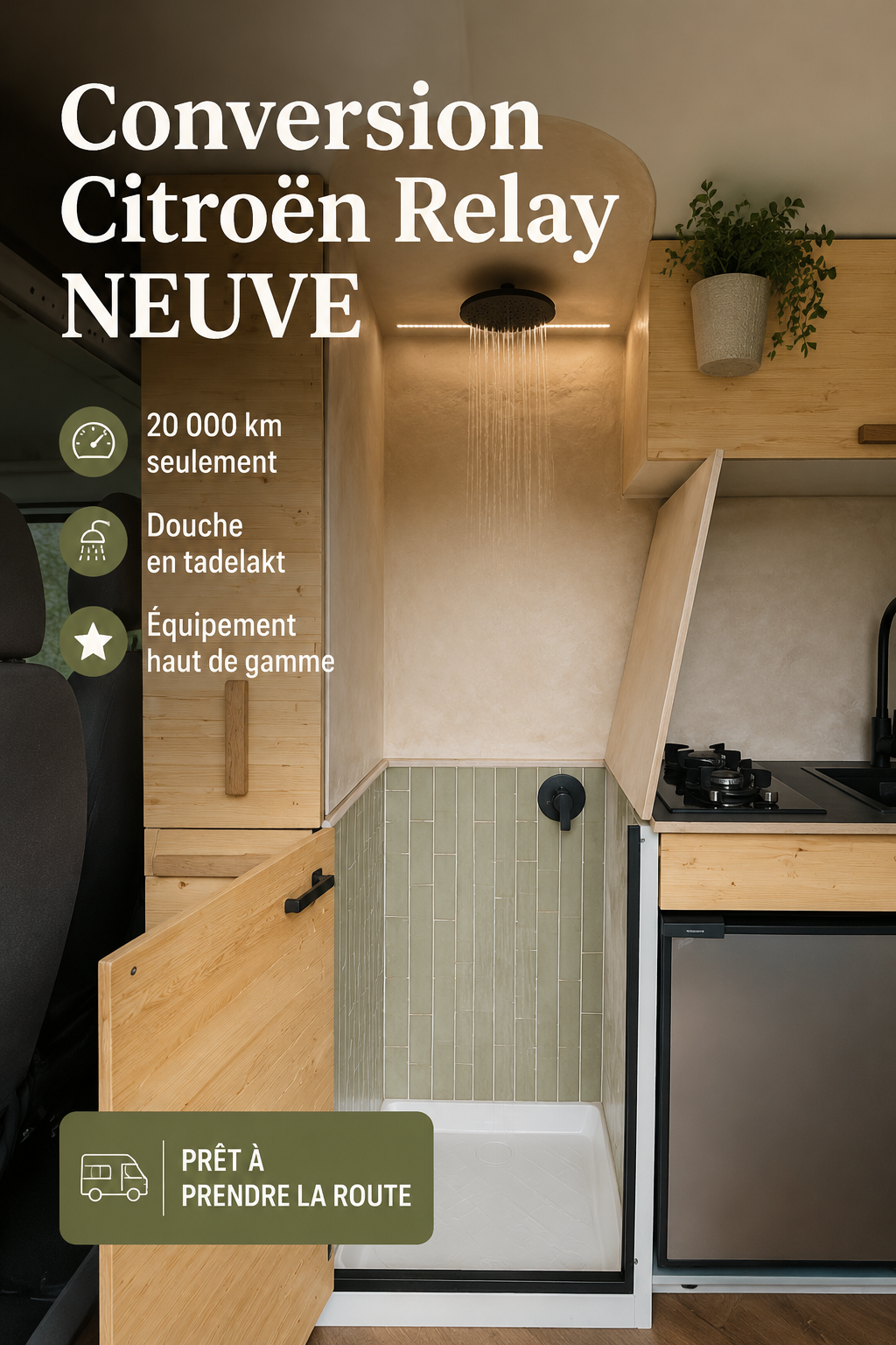 Un Citroën Relay moderne aménagé pour le camping avec une douche Tadelakt.