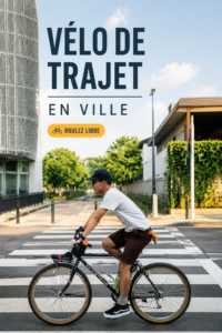 Une femme circulant à vélo dans un environnement urbain moderne, illustrant la mobilité douce.