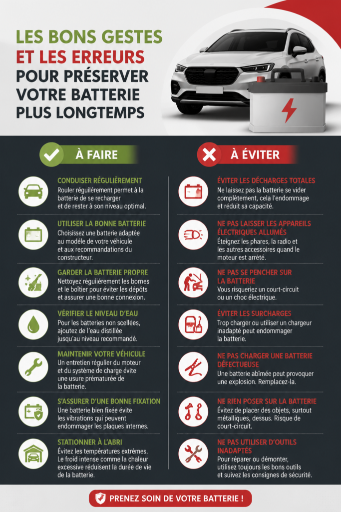 Schéma explicatif sur la prolongation de la vie d'une batterie de voiture