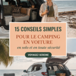 Femme seule en camping près de sa voiture, entourée de nature, avec un sourire serein.