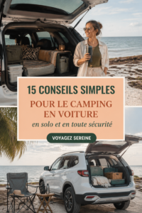 Femme seule en camping près de sa voiture, entourée de nature, avec un sourire serein.