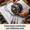Une éolienne faite maison construite avec un alternateur de voiture dans un jardin.
