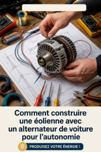 Une éolienne faite maison construite avec un alternateur de voiture dans un jardin.