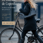Une vue panoramique de Copenhague, avec des cyclistes sur une piste cyclable au bord de l'eau.