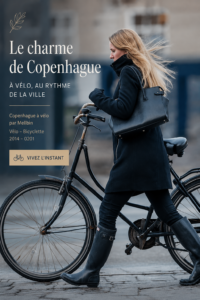 Une vue panoramique de Copenhague, avec des cyclistes sur une piste cyclable au bord de l'eau.