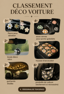 Un intérieur de voiture décoré avec des accessoires tendance et chaleureux.