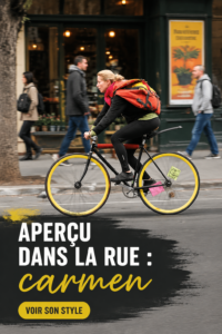 Femme portant un look inspiré du style Carmen dans un cadre urbain élégant.