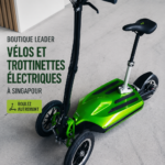 Une femme souriante sur un e-scooter dans une rue verdoyante de Singapour.