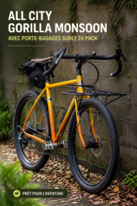Porte-bagages Surly 24 pack rack installé sur un vélo dans un cadre urbain