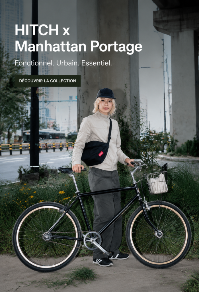 Un look inspiré par Hitch avec un sac Manhattan Portage dans un décor urbain.
