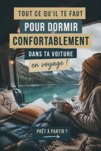 Femme dormant paisiblement en voiture pendant un road trip, avec des accessoires confortables.