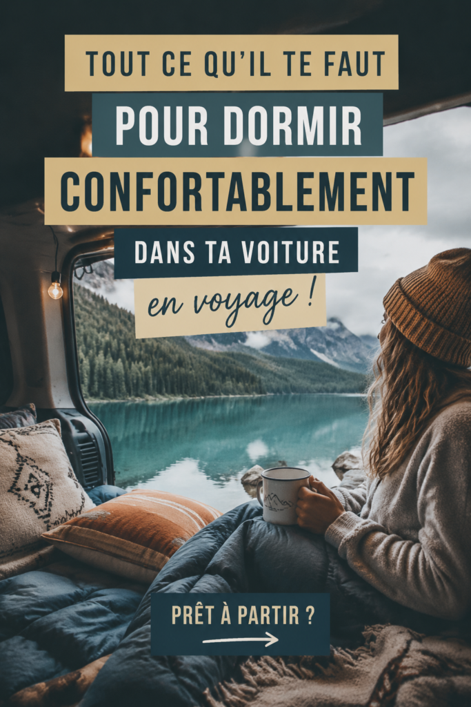 Femme dormant paisiblement en voiture pendant un road trip, avec des accessoires confortables.
