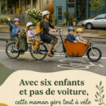 Maman avec ses six enfants se déplaçant à vélo dans une rue urbaine