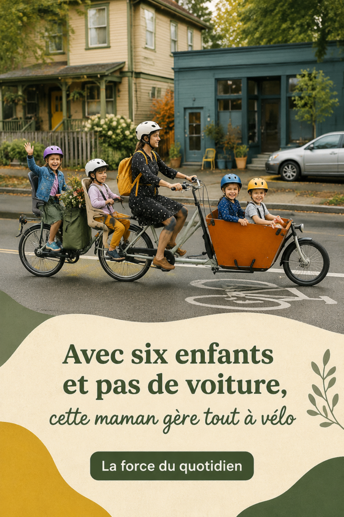 Maman avec ses six enfants se déplaçant à vélo dans une rue urbaine