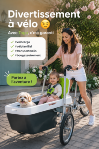 Femme joyeuse avec un vélo Taga à travers la ville, symbolisant la mobilité urbaine