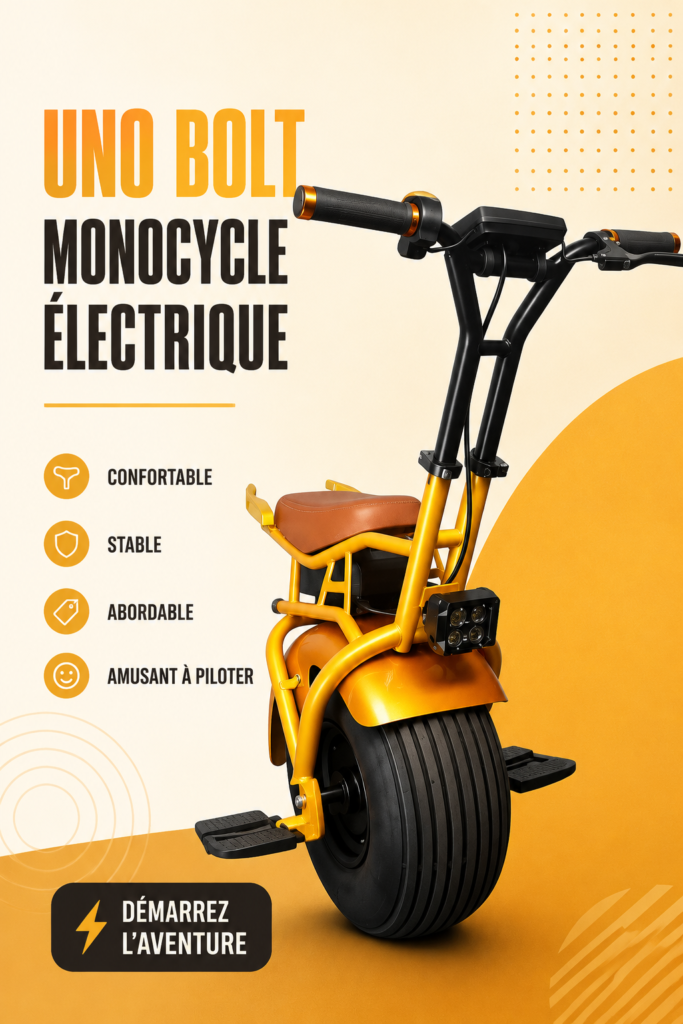 Monocycle électrique Uno sur une route urbaine, offrant confort et praticité