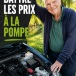Une femme souriante, tenant une facture de carburant réduite avec un logo de voiture en arrière-plan.
