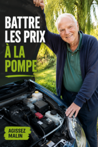Une femme souriante, tenant une facture de carburant réduite avec un logo de voiture en arrière-plan.