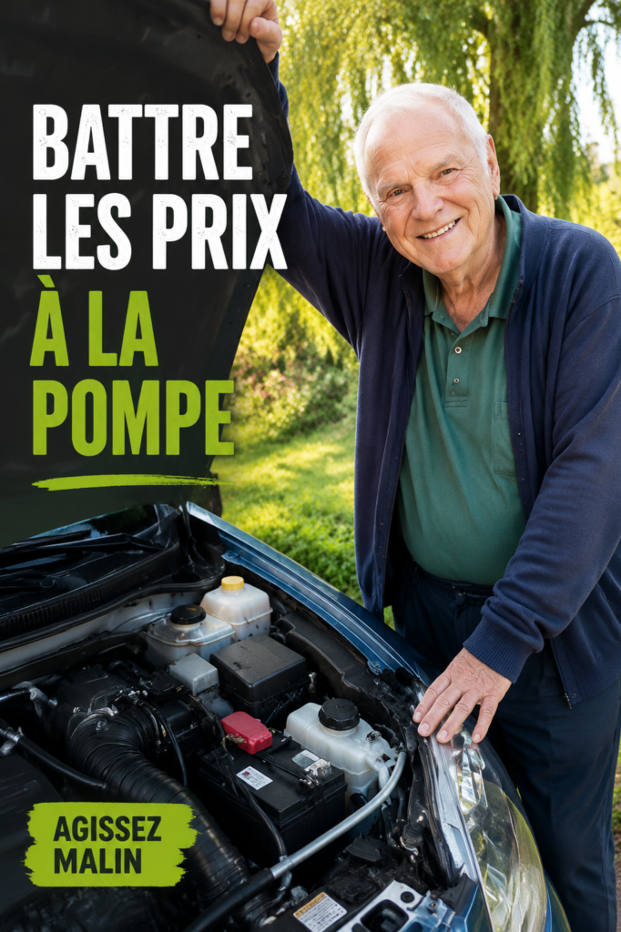 Une femme souriante, tenant une facture de carburant réduite avec un logo de voiture en arrière-plan.