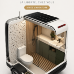 Salle de bain mobile aménagée dans un van, montrant l'espace fonctionnel et confortable.