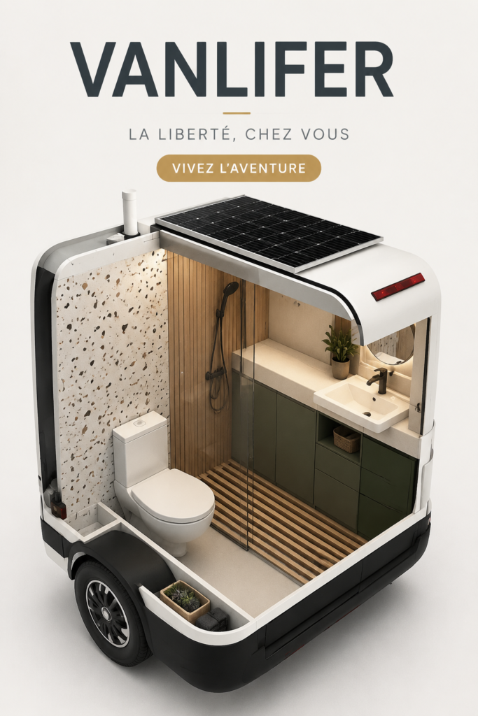 Salle de bain mobile aménagée dans un van, montrant l'espace fonctionnel et confortable.