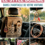 Intérieur de voiture joliment décoré dans un style bohème, avec des textiles colorés et des accessoires chaleureux.