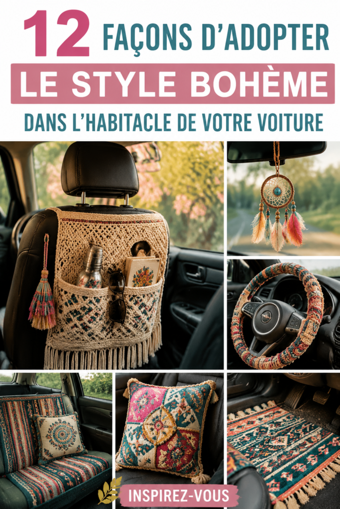 Intérieur de voiture joliment décoré dans un style bohème, avec des textiles colorés et des accessoires chaleureux.